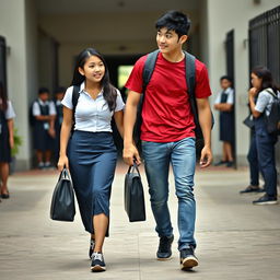 A realistic photograph of an Indonesian school girl with a tall and muscular physique, dressed in a white tight short-sleeved button-up shirt and a low waist dark blue long skirt, complemented by black sneakers