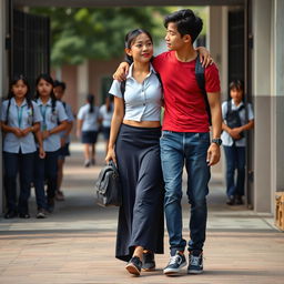 A realistic photograph of an Indonesian school girl with a tall and muscular physique, dressed in a white tight short-sleeved button-up shirt and a low waist dark blue long skirt, complemented by black sneakers