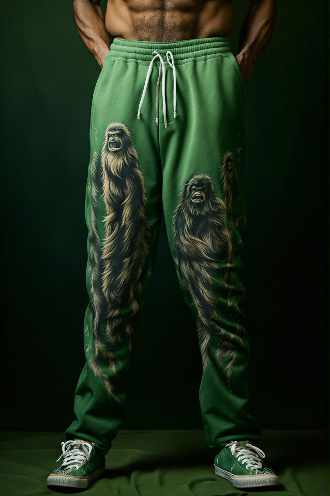 This is a description of a pair of forest green sweatpants featuring a vibrant, lifelike Bigfoot print