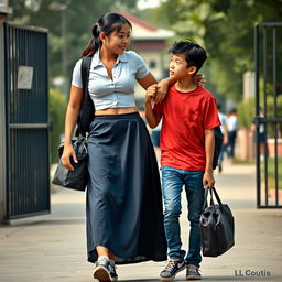A realistic photograph featuring an Indonesian school girl characterized by her tall, muscular frame, prominently displayed in a white tight short-sleeved button-up shirt and a low waist dark blue long skirt, complemented by black sneakers