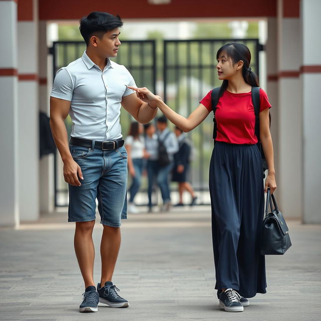 A realistic photograph featuring an Indonesian school girl characterized by her tall, muscular frame, prominently displayed in a white tight short-sleeved button-up shirt and a low waist dark blue long skirt, complemented by black sneakers