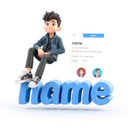 A 3D illustration of an animated character sitting casually atop a social media logo labeled "name social media"