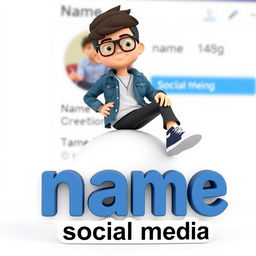 A 3D illustration of an animated character sitting casually atop a social media logo labeled "name social media"