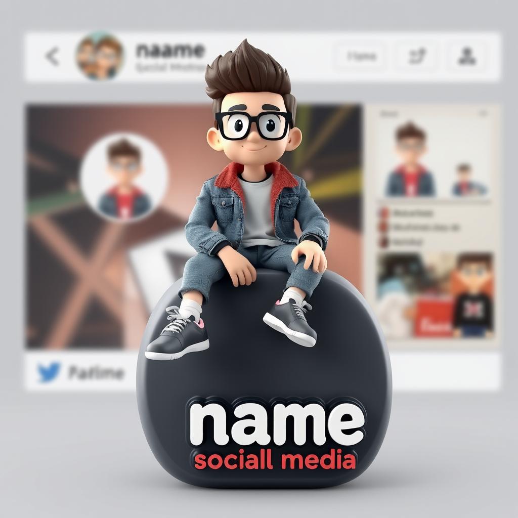 A 3D illustration of an animated character sitting casually atop a social media logo labeled "name social media"
