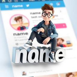 A 3D illustration of an animated character sitting casually atop a social media logo labeled "name social media"