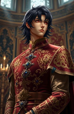 A majestic scene featuring a handsome prince with flowing black hair and piercing red eyes, dressed in an ornate royal outfit rich in detail, adorned with gold embroidery and gemstones