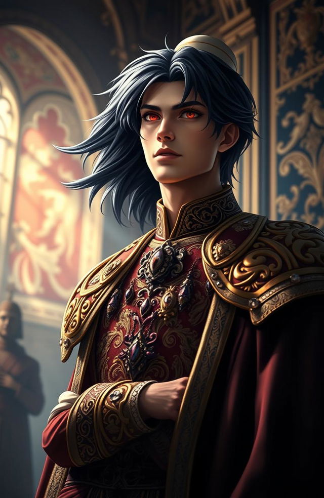A majestic scene featuring a handsome prince with flowing black hair and piercing red eyes, dressed in an ornate royal outfit rich in detail, adorned with gold embroidery and gemstones