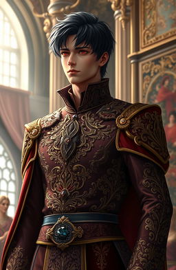A majestic scene featuring a handsome prince with flowing black hair and piercing red eyes, dressed in an ornate royal outfit rich in detail, adorned with gold embroidery and gemstones