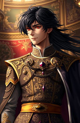 A majestic scene featuring a handsome prince with flowing black hair and piercing red eyes, dressed in an ornate royal outfit rich in detail, adorned with gold embroidery and gemstones