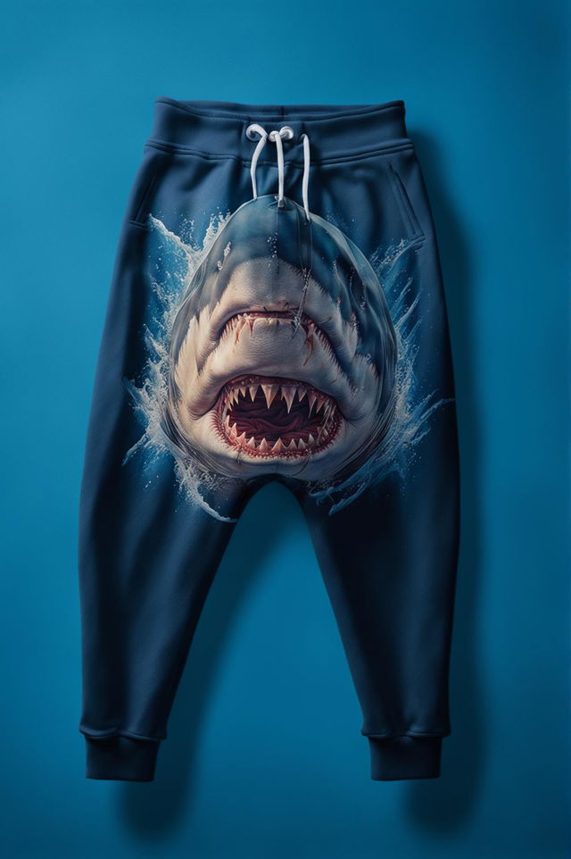 This is a description of a pair of oceanic blue sweatpants featuring a vibrant, lifelike 'Jaws' print