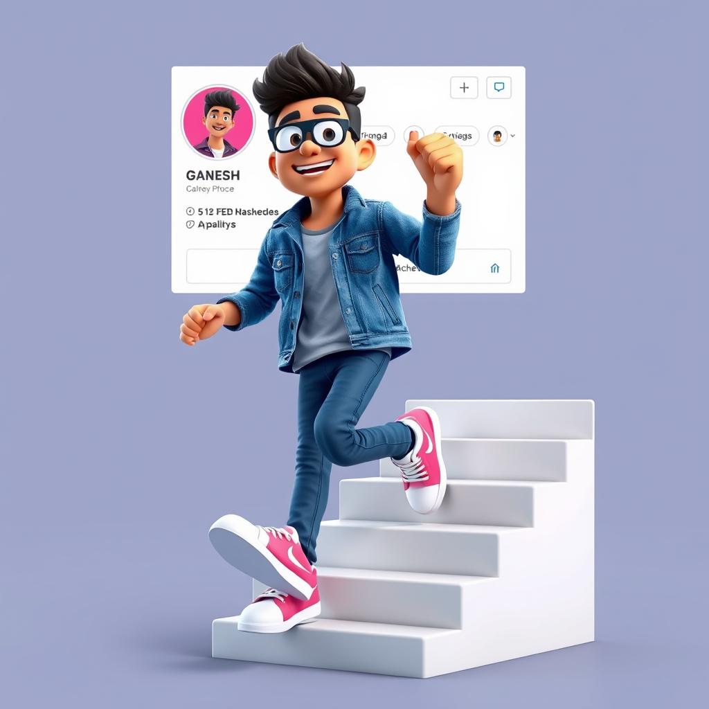 A vibrant 3D illustration of an animated character energetically walking up a set of dynamic stairs, symbolizing success