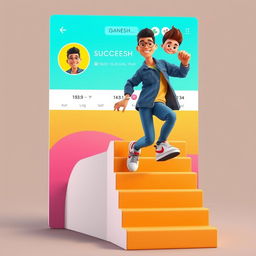 A vibrant 3D illustration of an animated character energetically walking up a set of dynamic stairs, symbolizing success