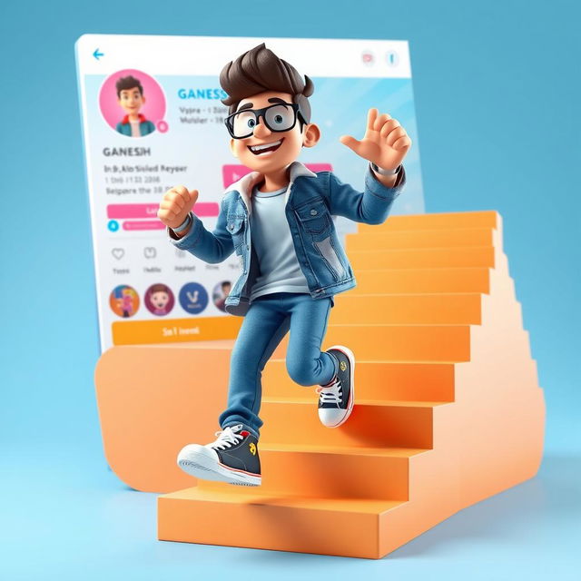 A vibrant 3D illustration of an animated character energetically walking up a set of dynamic stairs, symbolizing success