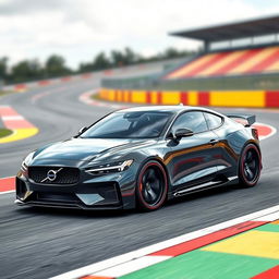 A breathtaking digital rendering of a futuristic Volvo 2-door coupe featuring an eye-catching carbon paint finish