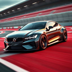 A breathtaking digital rendering of a futuristic Volvo 2-door coupe featuring an eye-catching carbon paint finish