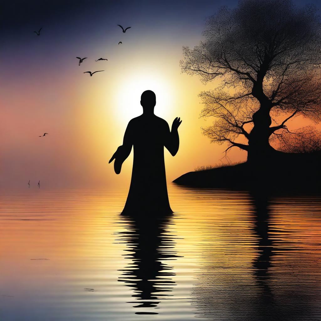 A digital art image of high quality, featuring a dramatic scene in which a black entity, possibly a spirit or creature, is returning to a body of water