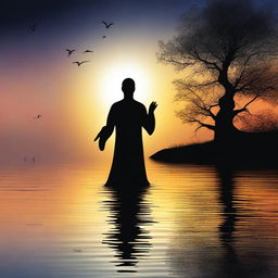 A digital art image of high quality, featuring a dramatic scene in which a black entity, possibly a spirit or creature, is returning to a body of water