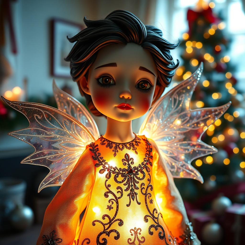 A Christmas angel made of vibrant, lush materials, featuring a delicate face resembling Edward Cullen from 'Twilight'