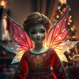 A Christmas angel made of vibrant, lush materials, featuring a delicate face resembling Edward Cullen from 'Twilight'