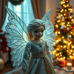 A Christmas angel made of vibrant, lush materials, featuring a delicate face resembling Edward Cullen from 'Twilight'