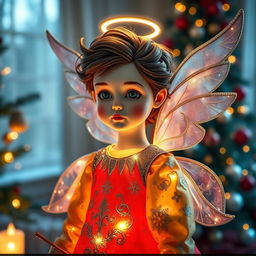 A Christmas angel made of vibrant, lush materials, featuring a delicate face resembling Edward Cullen from 'Twilight'