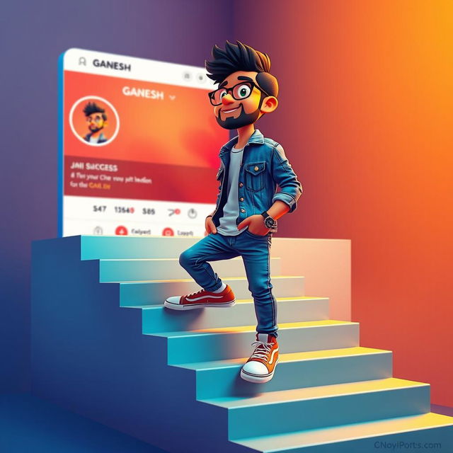 A vibrant 3D illustration of an animated character ascending a set of stairs symbolizing success