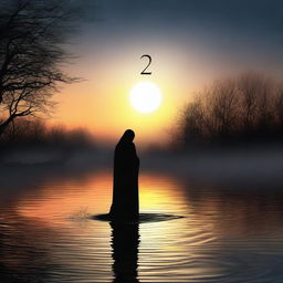 A digital art image of high quality, featuring a dramatic scene in which a black entity, possibly a spirit or creature, is returning to a body of water