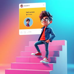 A vibrant 3D illustration of an animated character ascending a set of stairs symbolizing success