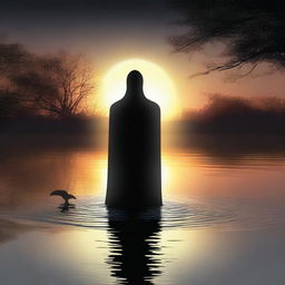 A digital art image of high quality, featuring a dramatic scene in which a black entity, possibly a spirit or creature, is returning to a body of water