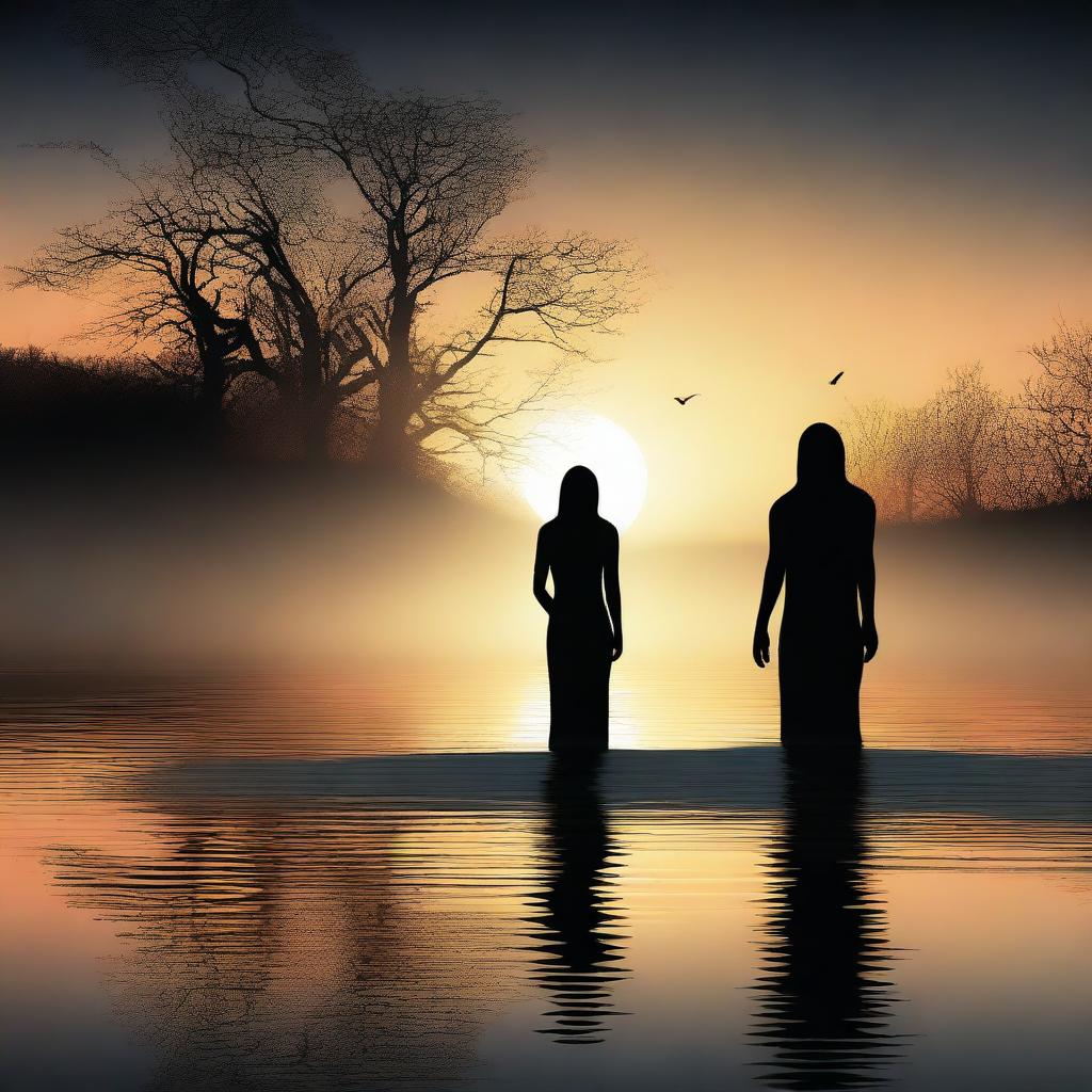 A digital art image of high quality, featuring a dramatic scene in which a black entity, possibly a spirit or creature, is returning to a body of water