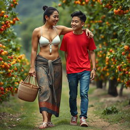 A realistic photography scene featuring an Indonesian woman with a tall, muscular physique, showcasing big biceps and detailed six pack abs