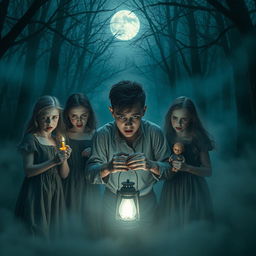 A terrifying scene set in a dark, desolate forest at night, shrouded in thick fog that envelops the surroundings