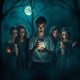A terrifying scene set in a dark, desolate forest at night, shrouded in thick fog that envelops the surroundings