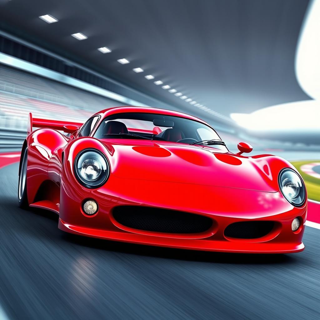 A spectacular digital rendering of a racing red futuristic German racecar in a Targa configuration