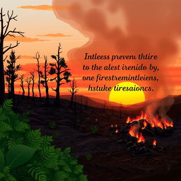 An illustrative scene depicting the devastating consequences of fire on the environment, featuring a barren landscape with charred trees and smoldering earth