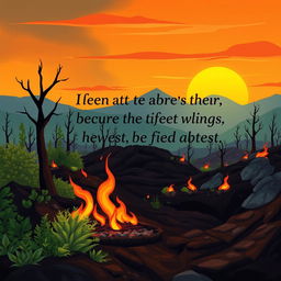 An illustrative scene depicting the devastating consequences of fire on the environment, featuring a barren landscape with charred trees and smoldering earth