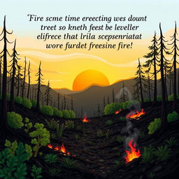 An illustrative scene depicting the devastating consequences of fire on the environment, featuring a barren landscape with charred trees and smoldering earth