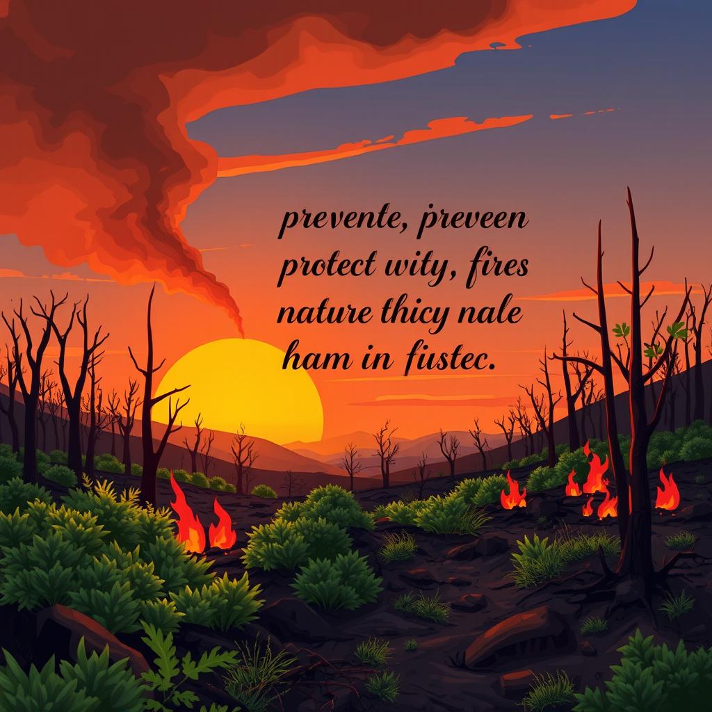 An illustrative scene depicting the devastating consequences of fire on the environment, featuring a barren landscape with charred trees and smoldering earth