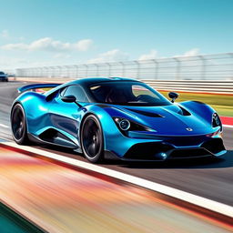 A stunning digital illustration of a futuristic French hypercar Targa in a mesmerizing electric blue pearl metallic finish