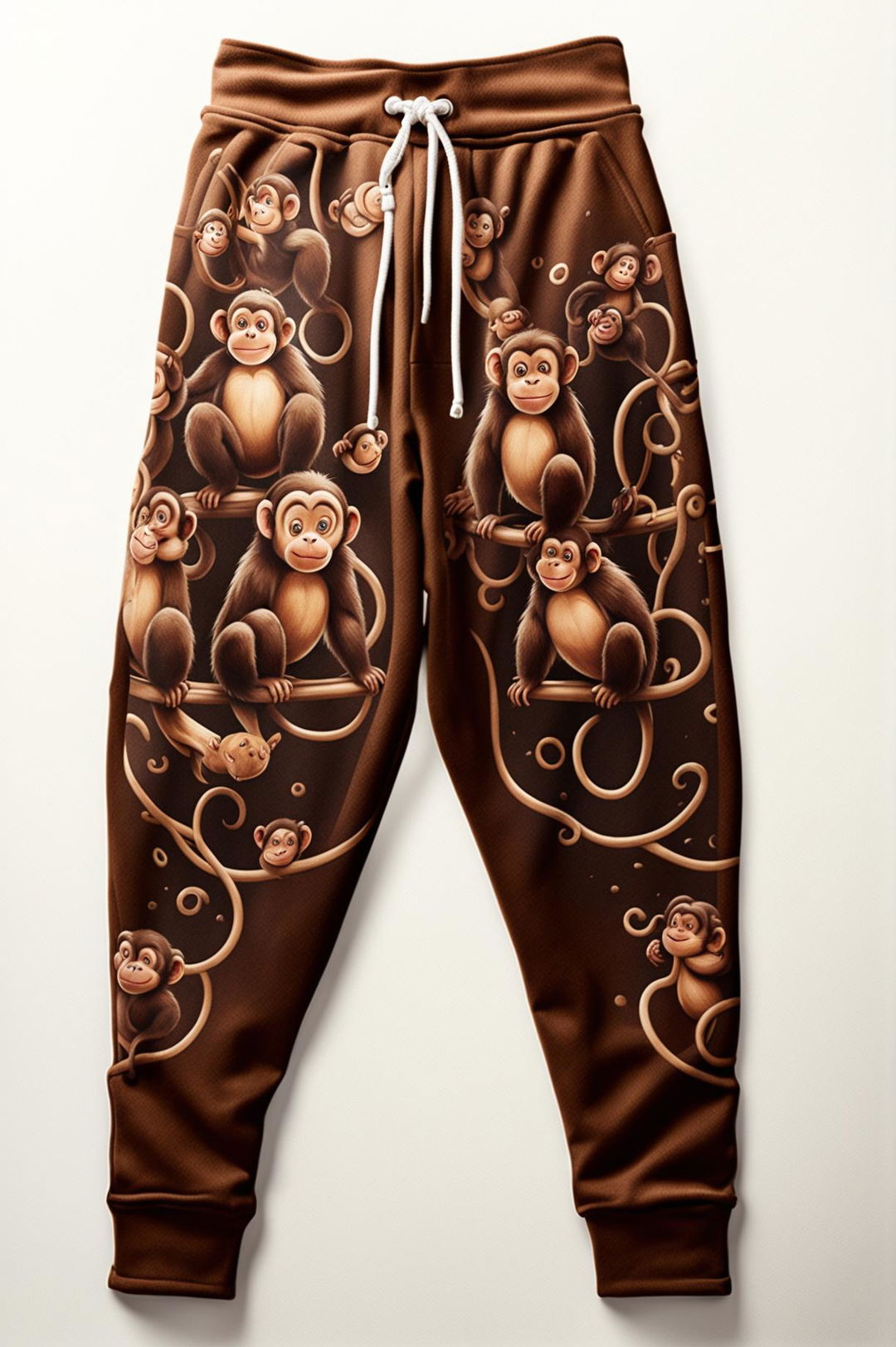 This is a description of a pair of chocolate brown sweatpants featuring a vibrant, lifelike monkey print