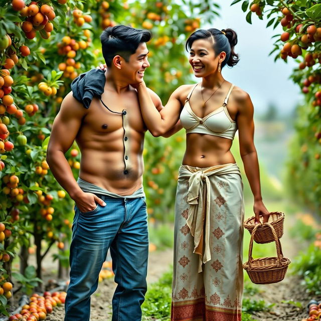 A striking Indonesian woman with a tall, muscular physique and detailed six-pack abs is wearing a cream-colored button-up bra and a low-waist long batik cloth