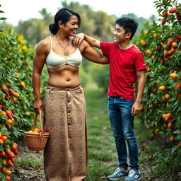 A striking Indonesian woman with a tall, muscular physique and detailed six-pack abs is wearing a cream-colored button-up bra and a low-waist long batik cloth