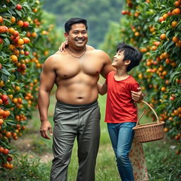 A striking Indonesian woman with a tall, muscular physique and detailed six-pack abs is wearing a cream-colored button-up bra and a low-waist long batik cloth