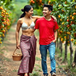 An Indonesian woman with a tall, muscular physique, featuring big biceps and defined six-pack abs, is wearing a cream button-up bra and a low-waist long batik cloth, along with stylish wooden sandals