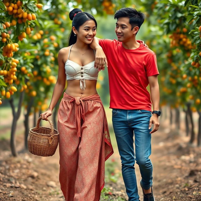 An Indonesian woman with a tall, muscular physique, featuring big biceps and defined six-pack abs, is wearing a cream button-up bra and a low-waist long batik cloth, along with stylish wooden sandals