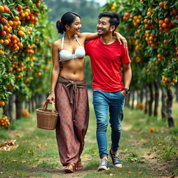 An Indonesian woman with a tall, muscular physique, featuring big biceps and defined six-pack abs, is wearing a cream button-up bra and a low-waist long batik cloth, along with stylish wooden sandals