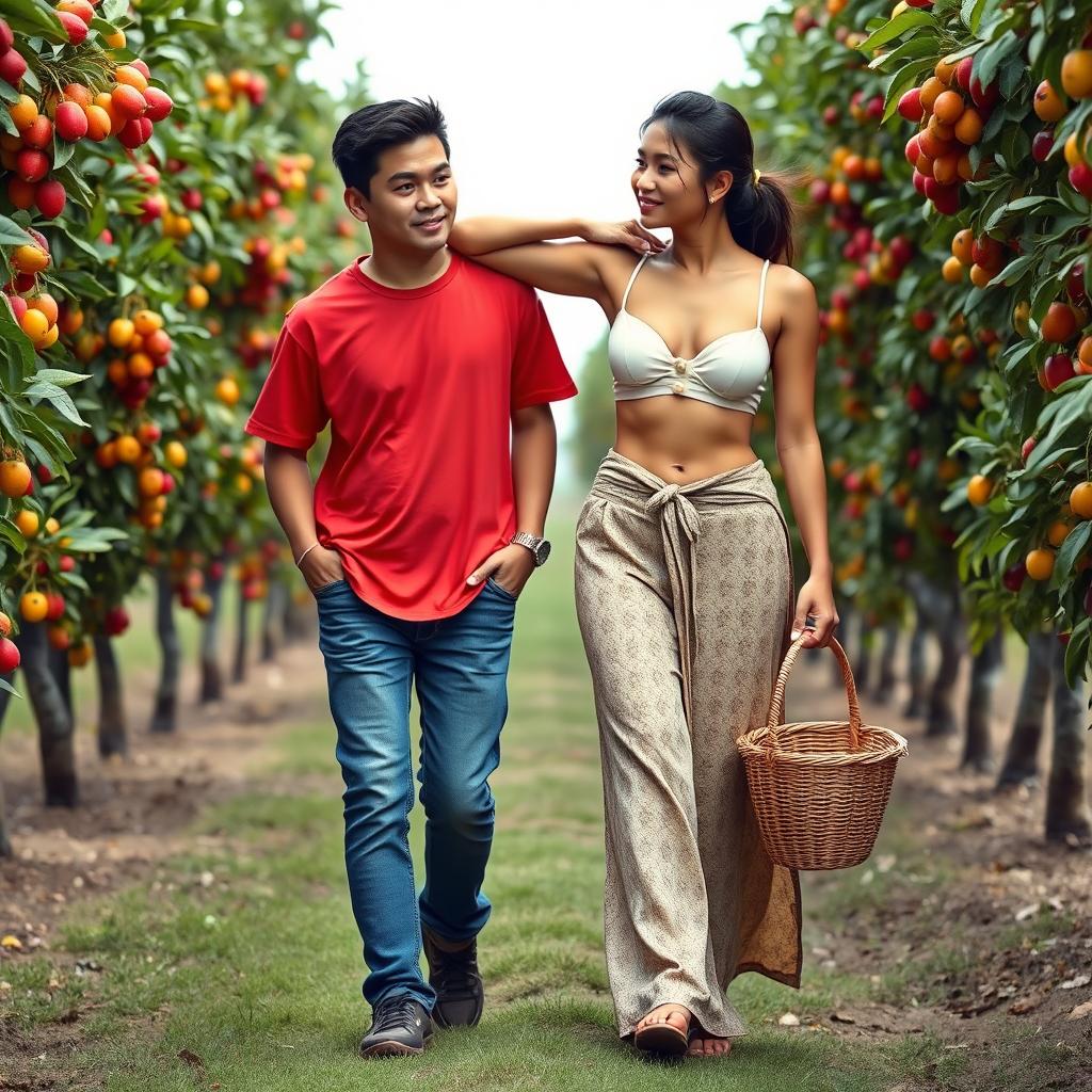 An Indonesian woman with a tall, muscular physique, featuring big biceps and defined six-pack abs, is wearing a cream button-up bra and a low-waist long batik cloth, along with stylish wooden sandals