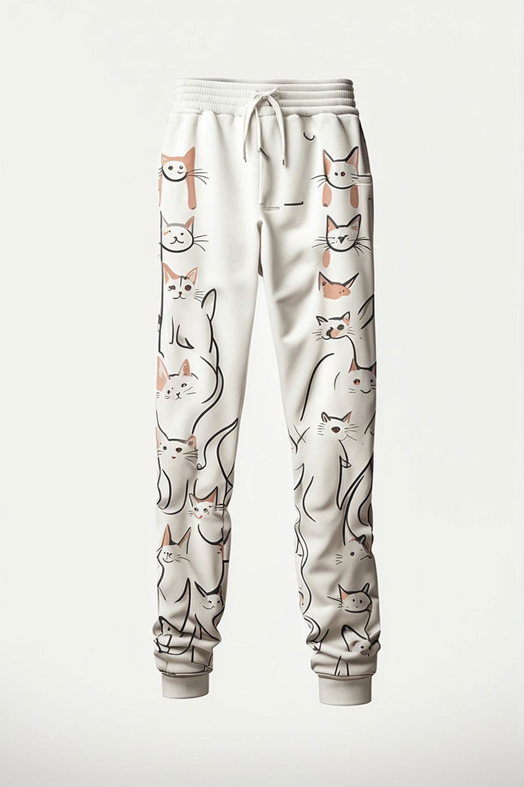 This is a description of a pair of white sweatpants featuring a minimal, elegant kitten print