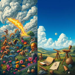 An artistic representation of the transition from mythical thinking to rational thought regarding natural and social phenomena