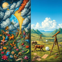 An artistic representation of the transition from mythical thinking to rational thought regarding natural and social phenomena